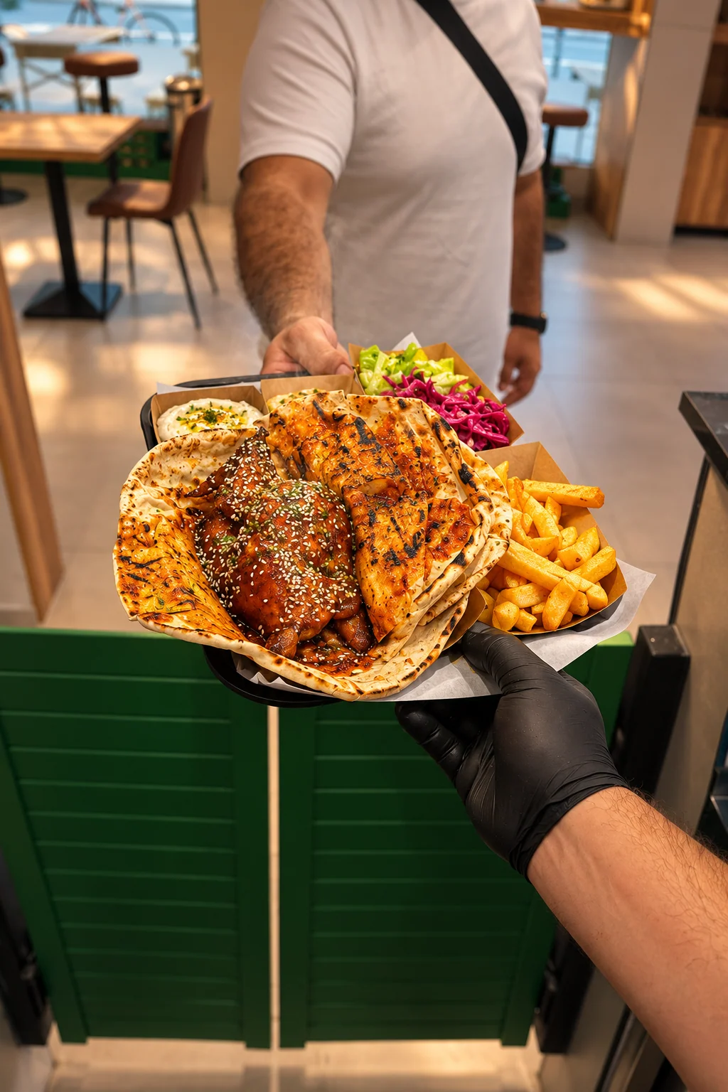 Humbaba Chicken wird auf einem Tablett mit Fladenbrot und Beilagen serviert